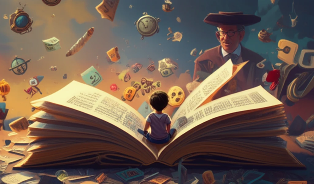Child reading a book surrounded by literary symbols.