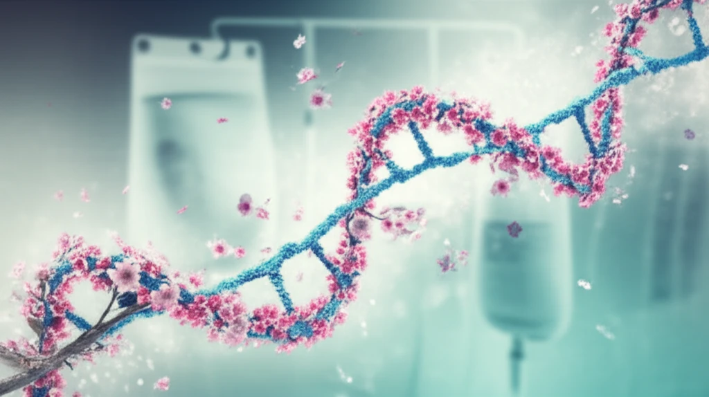 DNA strand with cherry blossom branch symbolizing ALDH2 gene and Japanese heritage in cancer treatment.