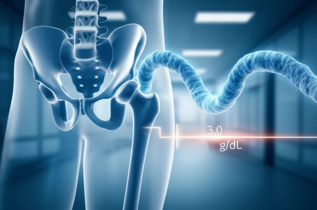 Illustration of a hip joint with albumin protein, highlighting the 3.0 g/dL threshold for hip replacement complications.