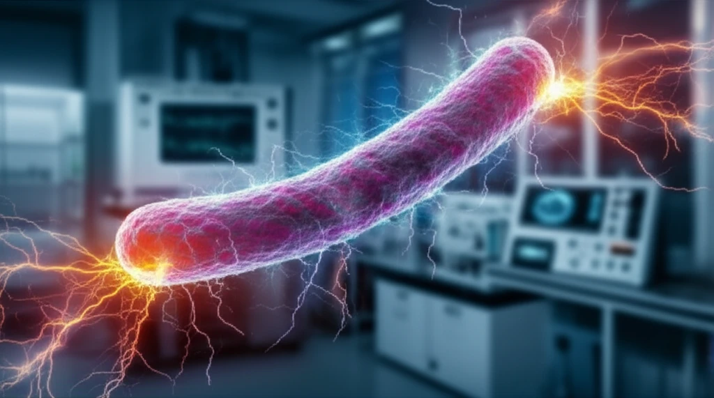 Clostridium difficile bacteria with electrical currents, symbolizing real-time resistance measurement.