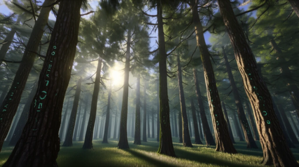 Korean pine forest with sunlight and genetic symbols.