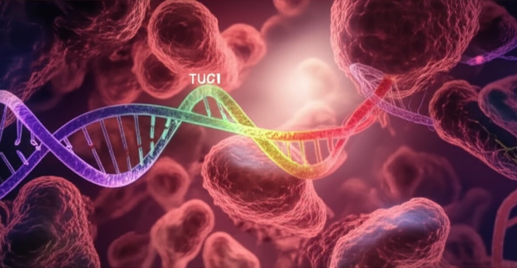Microscopic view of colon cancer cells with highlighted TUG1 RNA.