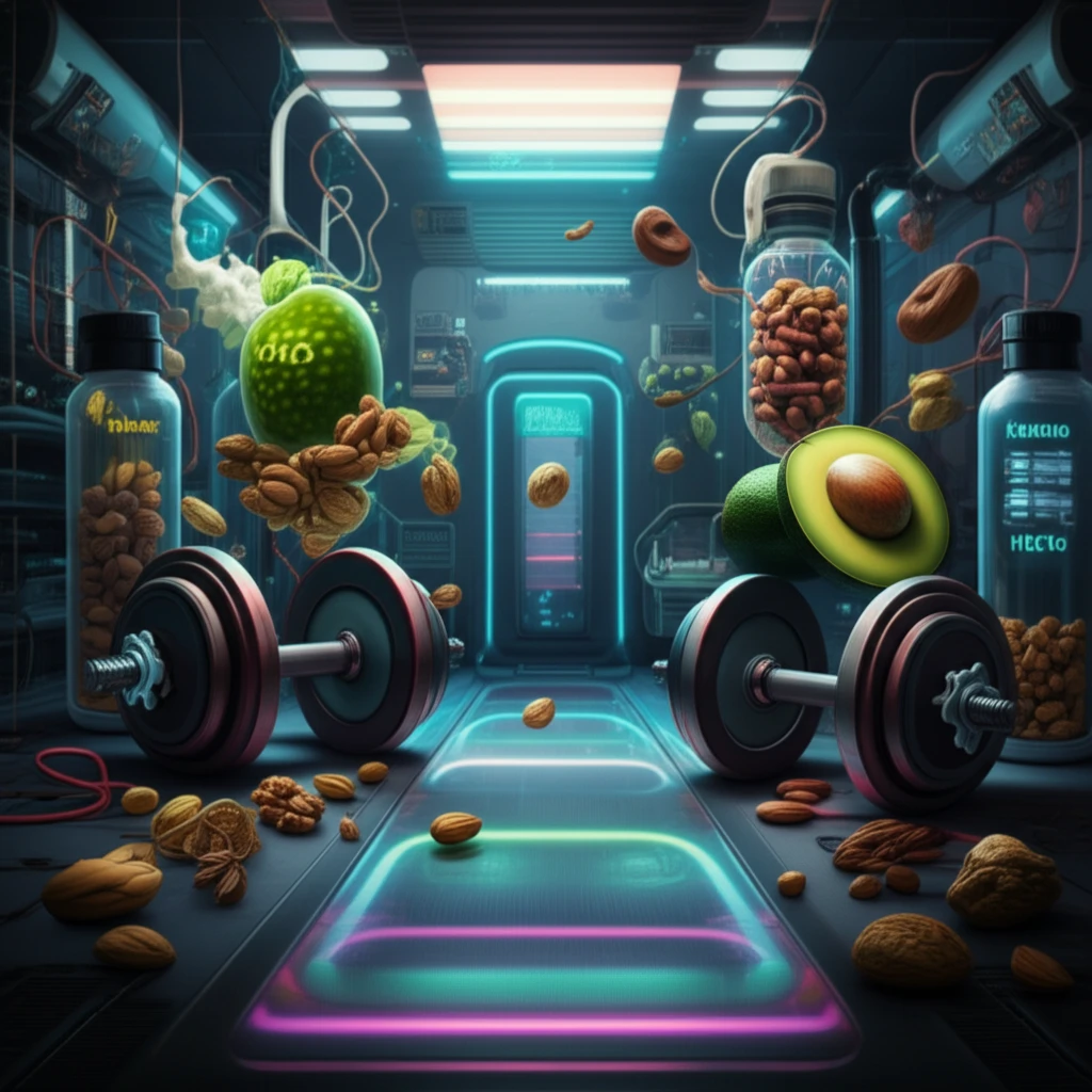 Surreal illustration of fitness equipment and ketogenic diet foods in a futuristic lab.