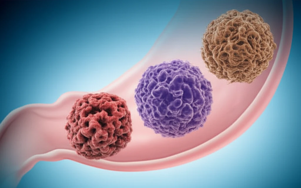 Surreal illustration of three interconnected cellular structures representing different types of gastric cancer.