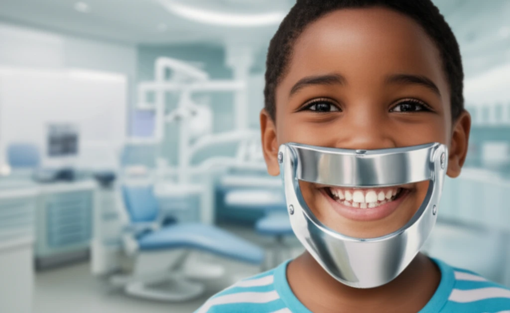 Child smiling with healthy teeth protected by silver shield, representing Silver Diamine Fluoride treatment.