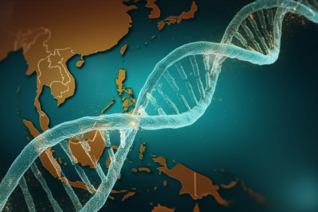 Surreal illustration of DNA intertwined with Southeast Asia map, symbolizing EBV and nasopharyngeal carcinoma research.
