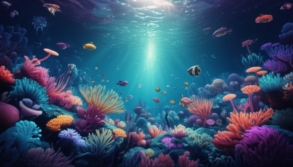 Lush aquatic ecosystem with diverse plant and animal life.