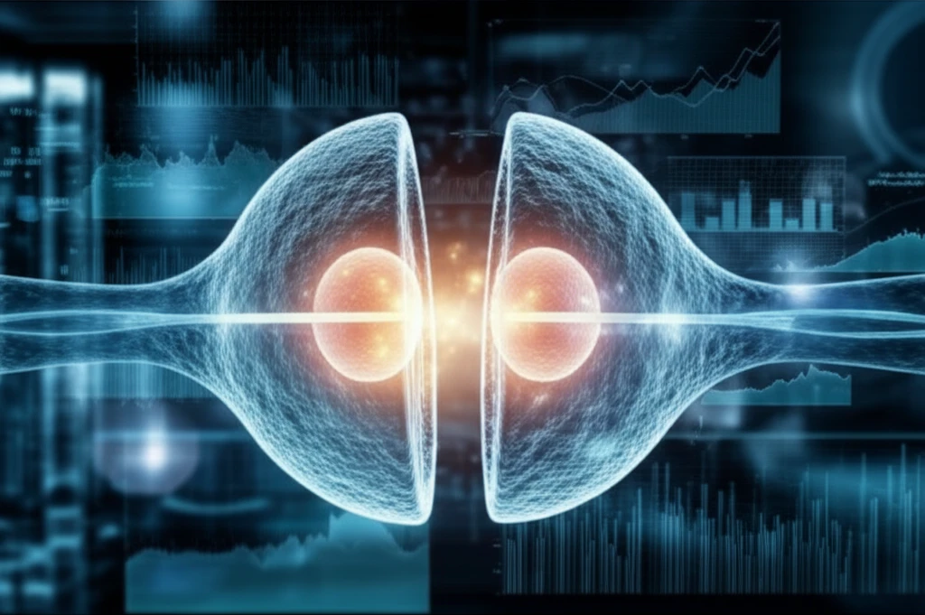 Illustration of a cell splitting, representing monoclonality, with statistical charts in background.