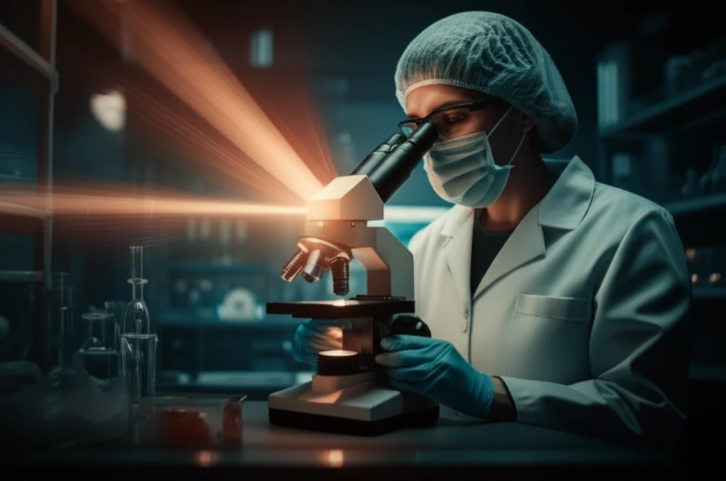 A laboratory technician superhero diagnosing tuberculosis.