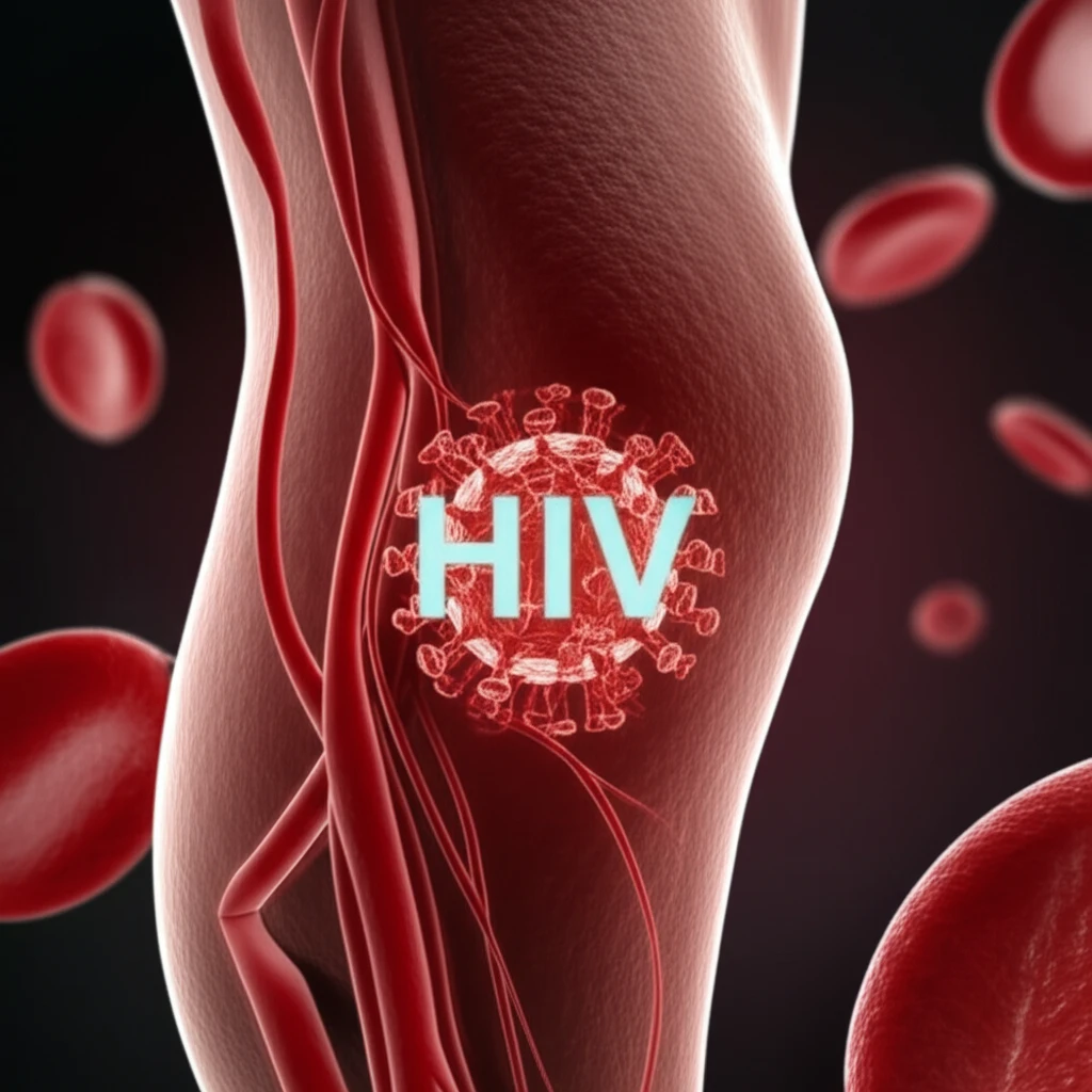 Illustration symbolizing the connection between HIV and blood vessels in the leg, representing potential vascular complications.