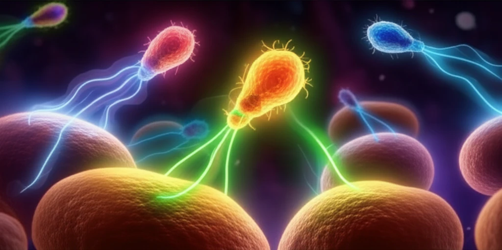 Bacteriophages communicating via glowing peptide signals.