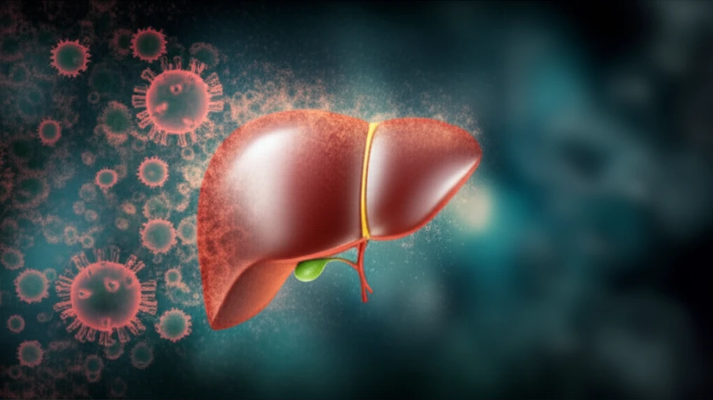 Illustration of a healthy liver emerging from dissipating viruses, symbolizing successful hepatitis C treatment after liver transplant.