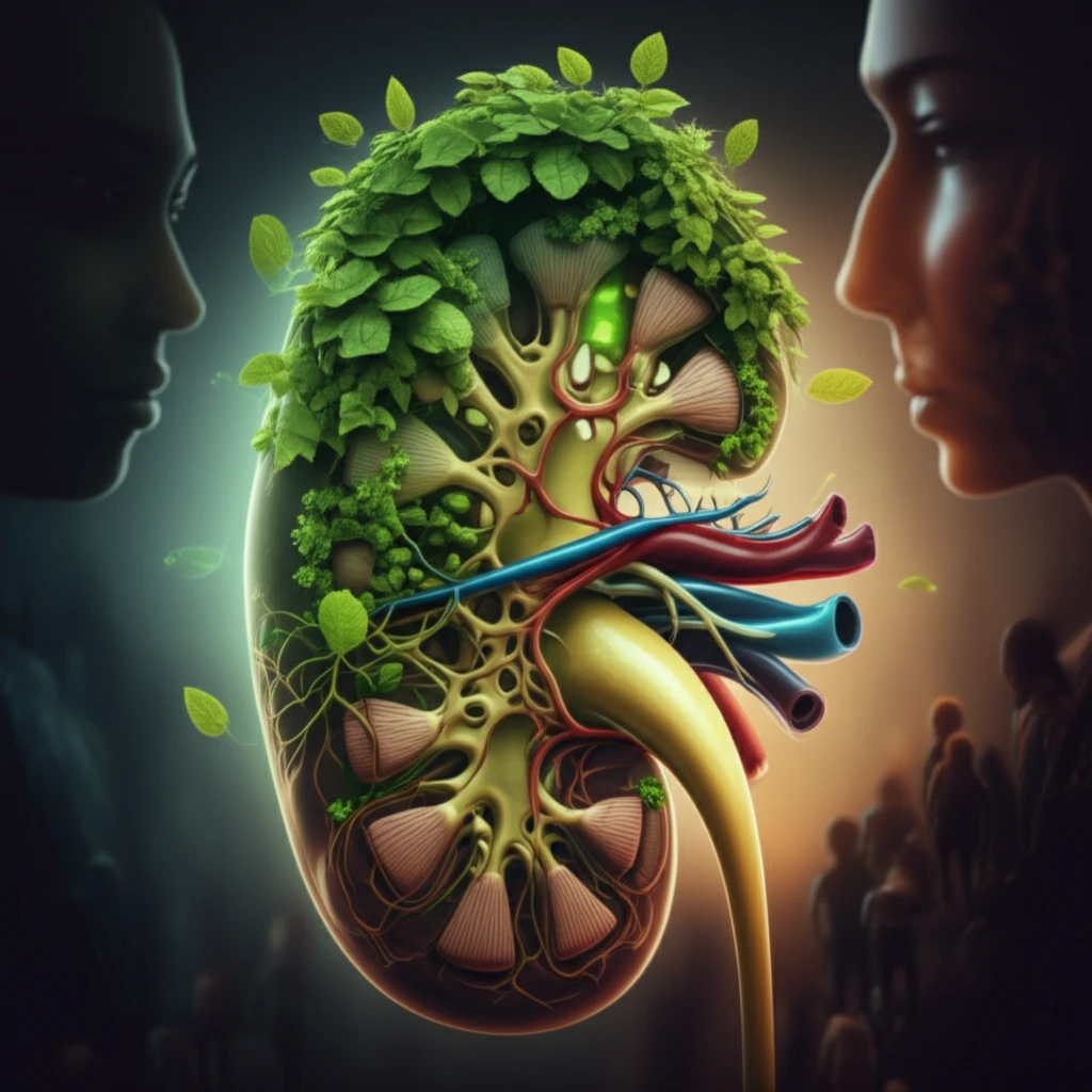 Illustration of a kidney being healed by green plants, symbolizing AKI recovery.