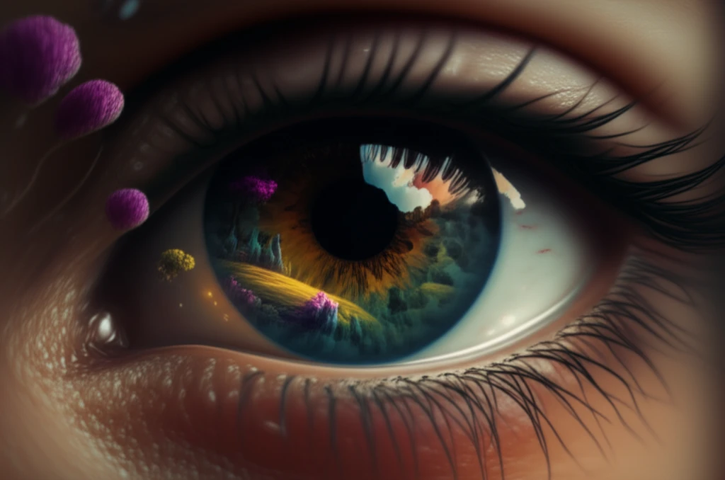 Surreal illustration of an eye morphing into a 3D landscape, representing depth perception.