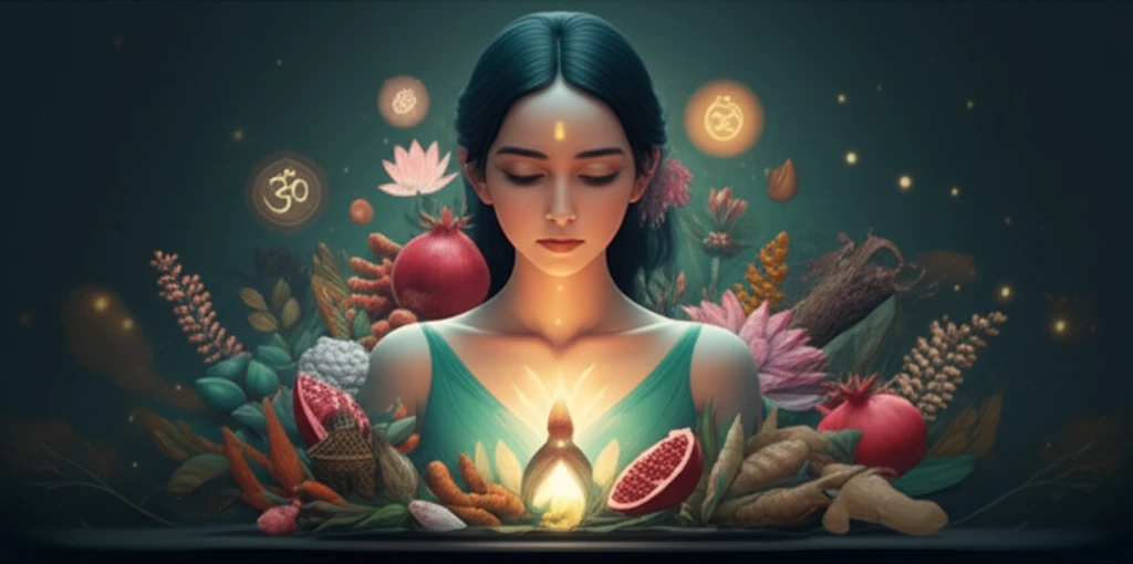 Serene woman surrounded by Ayurvedic herbs, symbolizing fertility and healing.