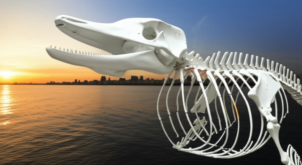 Surreal illustration of a dolphin skeleton highlighting bone defects in Rio de Janeiro.