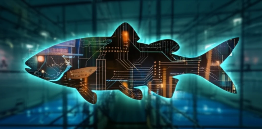 Digital illustration of a fish silhouette filled with electrical circuits and measuring tools, representing the fusion of technology and tradition in fish composition analysis.