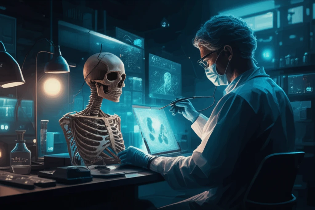 A forensic scientist scans bacteria on a skeleton with advanced technology, surrounded by blue lighting in a laboratory.