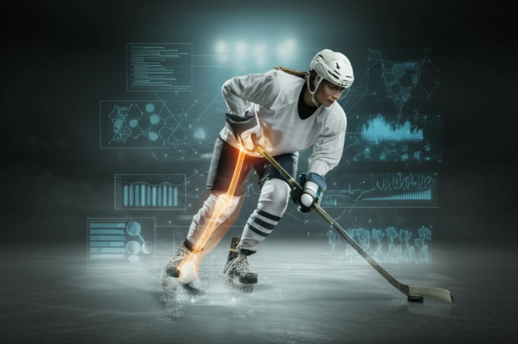 Female hockey player surrounded by anatomical diagrams highlighting common injury zones.