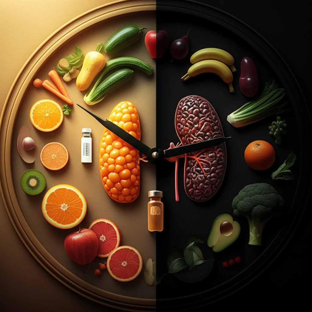 Clock face made of food with sun and darkness representing circadian rhythm.