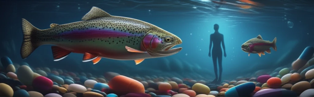 Rainbow trout swimming in a river contaminated with pharmaceuticals, reflecting human health concerns.