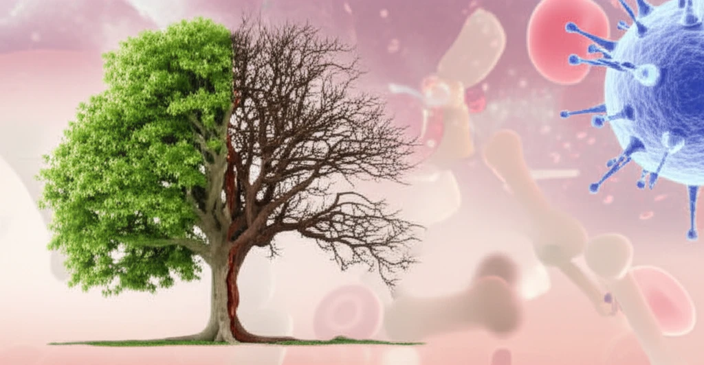 Symbolic representation of healthy to dysplastic transformation in a tree, symbolizing oral health after stem cell transplant.