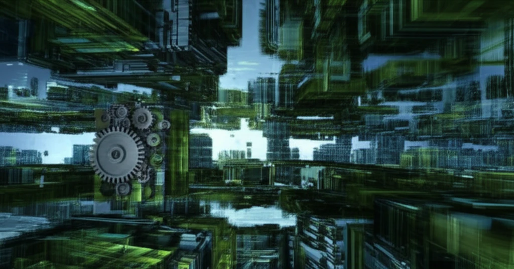 Futuristic cityscape blending gears and green leaves, symbolizing engineering innovation and sustainability.