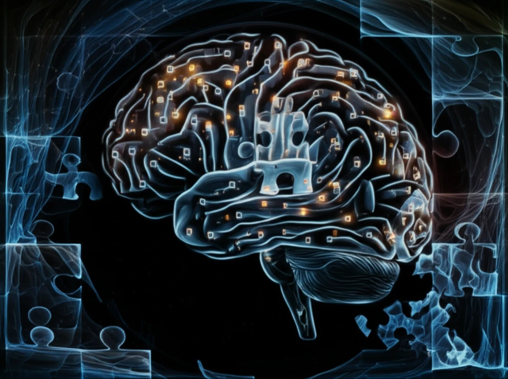 Stylized brain illustration with dimmed sensory processing circuit and autism puzzle pieces.