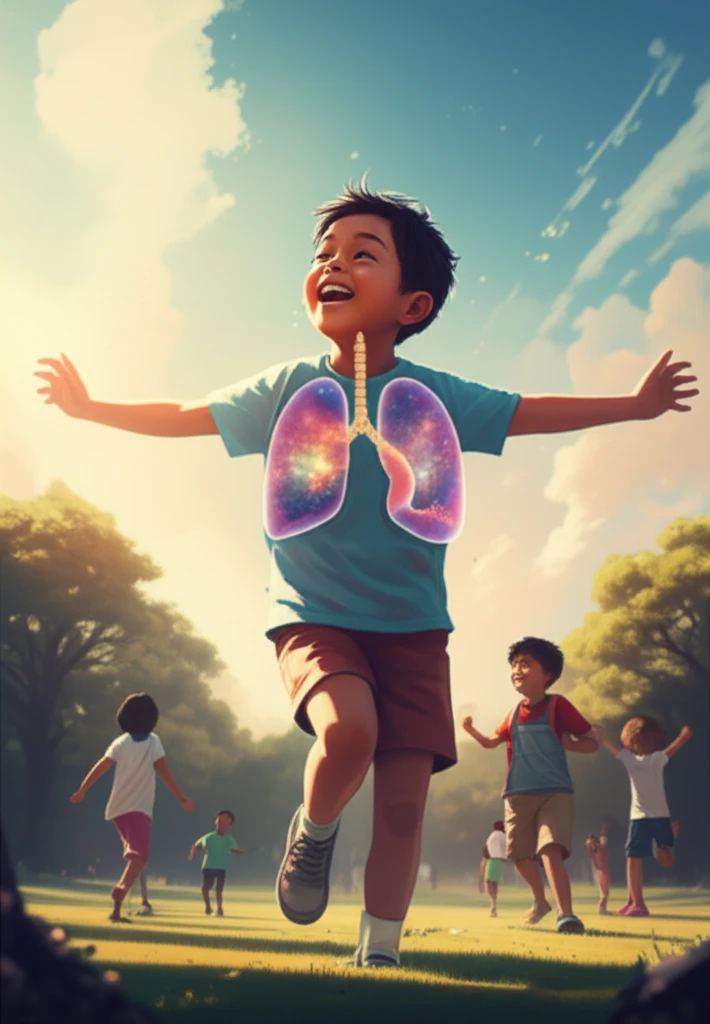 Illustration of a child with healthy lungs playing in a park, symbolizing hope and potential while living with pulmonary hypertension.
