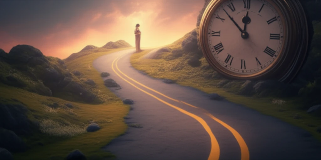 Winding road symbolizing labor progression with a clock and pregnant woman