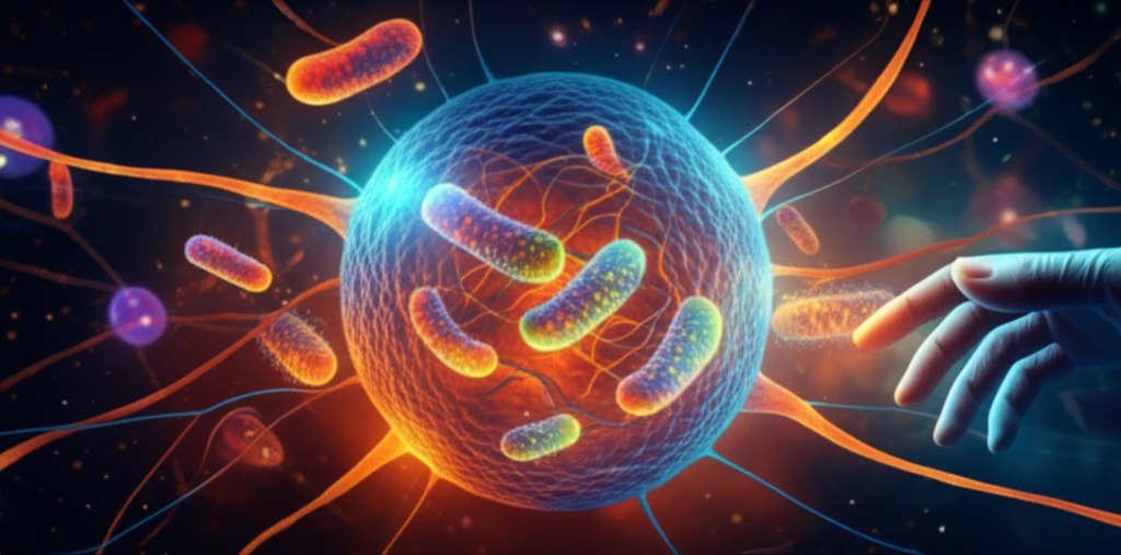 Microscopic view of mitochondria interacting with the nucleus of a cell, symbolizing cellular energy and research.
