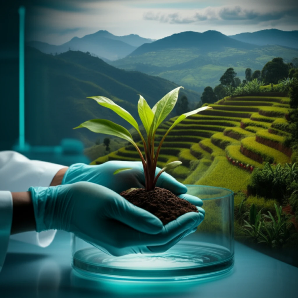 Scientist holding a healthy Enset plantlet in a lab.