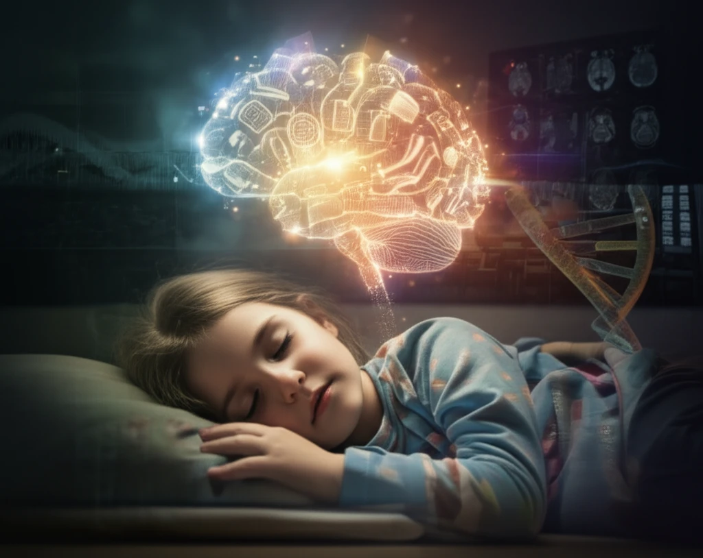 Dreamlike image of a child sleeping, symbolizing the connection between sleep and learning.