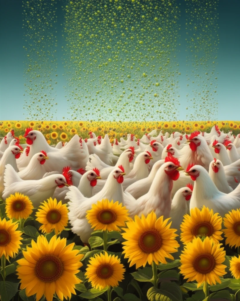 Sunflower field transforming into broilers with enzyme rain.