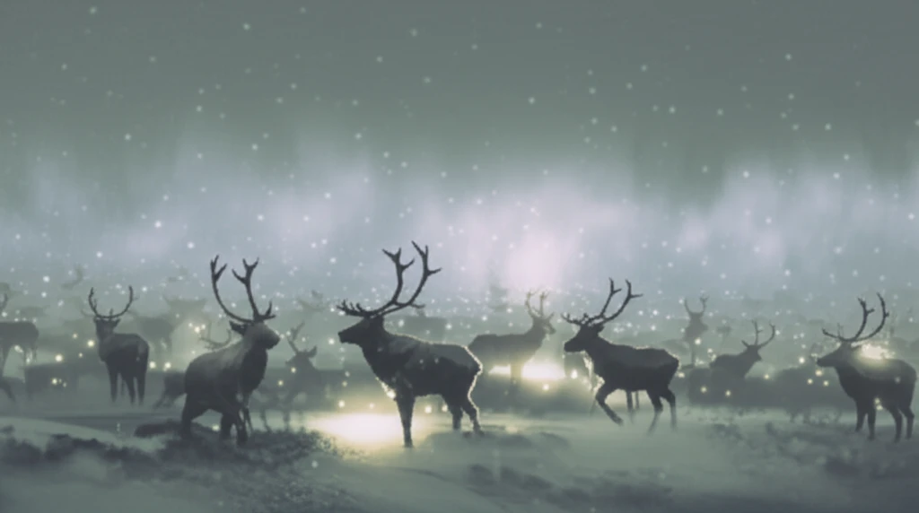 Reindeer herd in a snowy landscape, symbolizing CWD transmission.