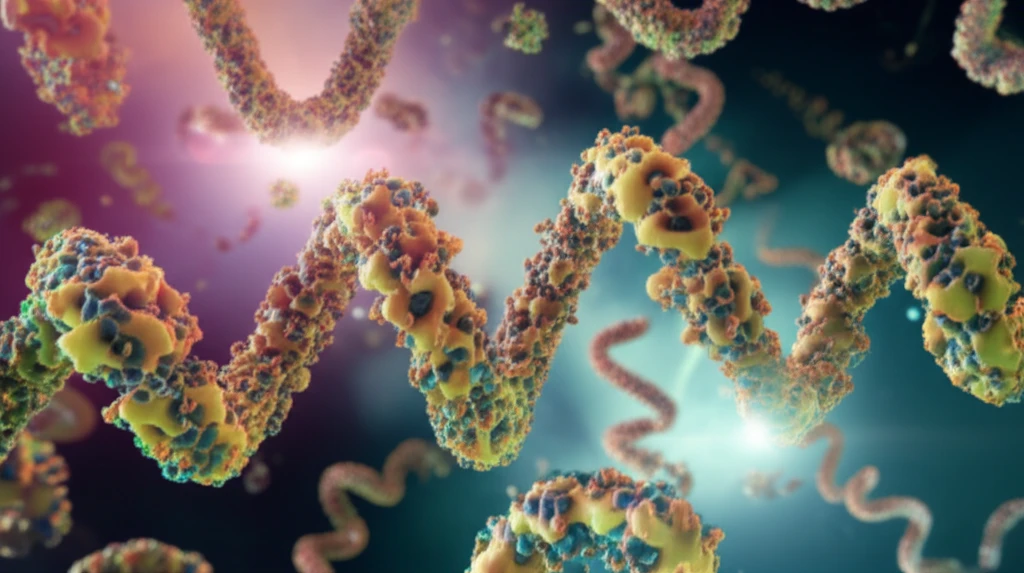 Microscopic view of AIM2 inflammasomes forming helical structures around DNA strands, symbolizing immune defense.