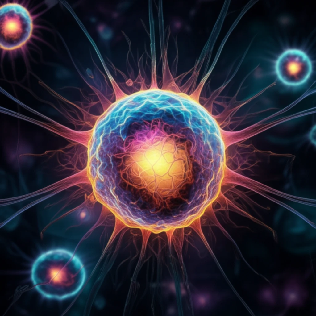 Illustration of a glowing centrosome inside a dividing cell.