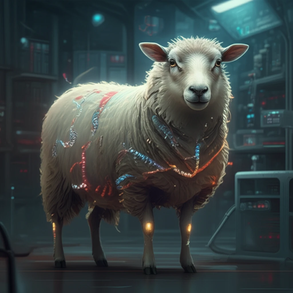A sheep with glowing DNA, symbolizing genetic breakthroughs in sheep breeding.