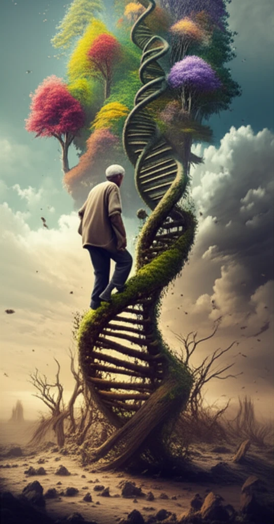 Elderly person climbing a DNA staircase representing frailty and healthy aging.