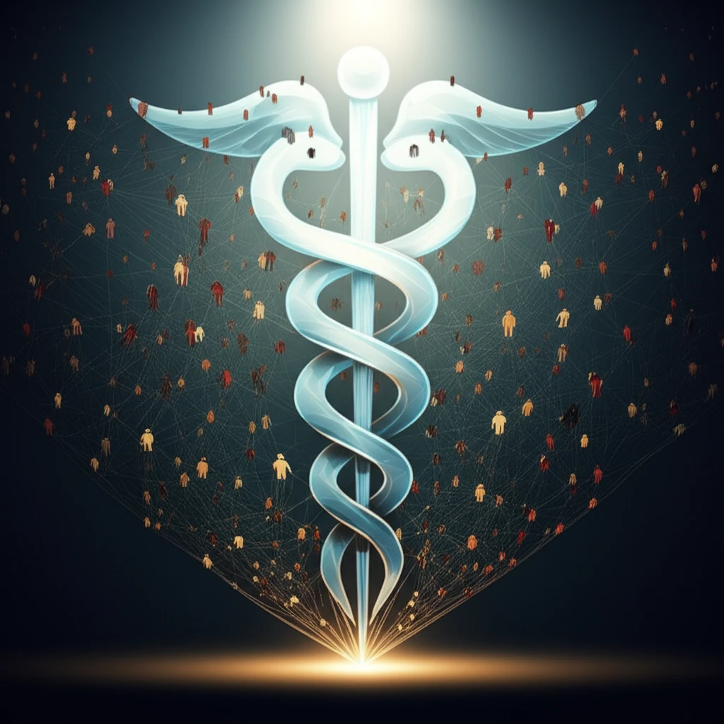 Interconnected figures representing rare disease patients illuminated by a guiding light of public health.