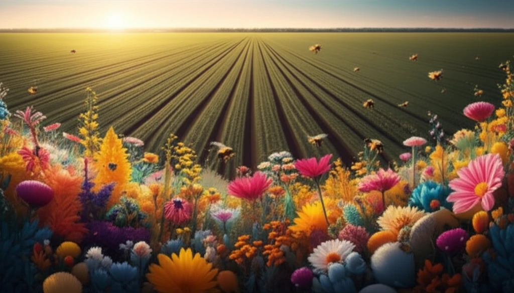 A vibrant field margin teeming with wildflowers and bees.