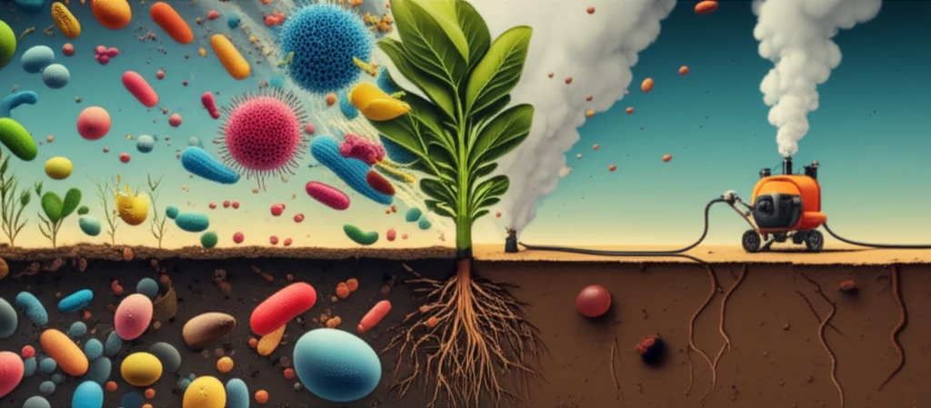 Stylized soil profile juxtaposing microbial life and fumigation.