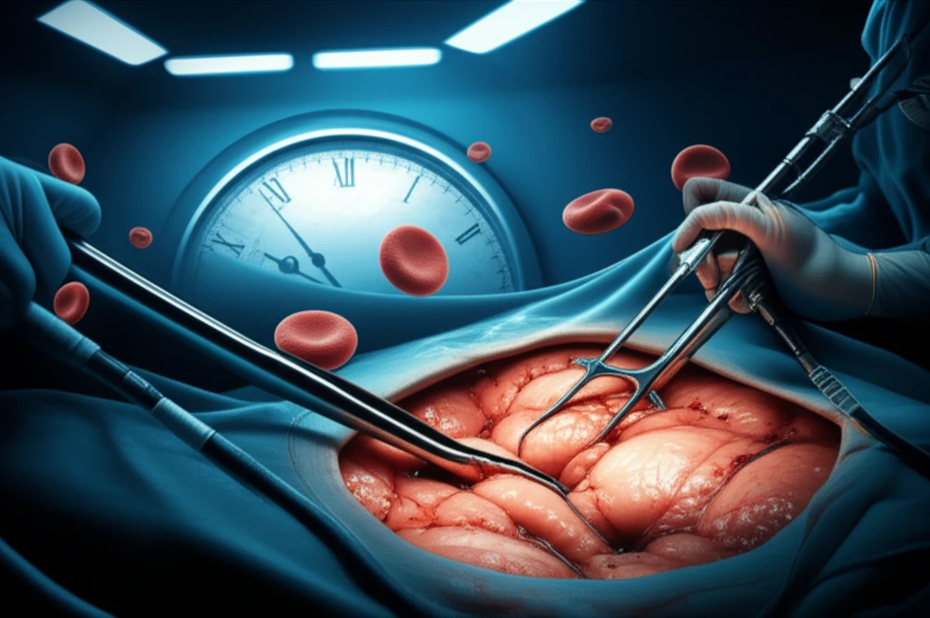 Surreal illustration of laparoscopic surgery with stylized blood cells and clock motif.