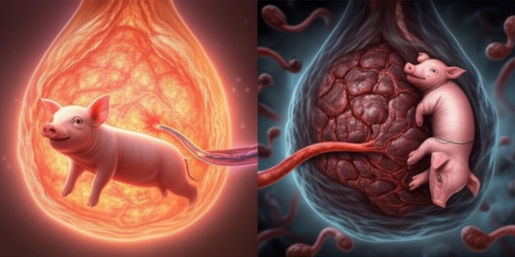 Illustration comparing a healthy placenta nourishing a piglet with a stressed placenta affected by reactive oxygen species.