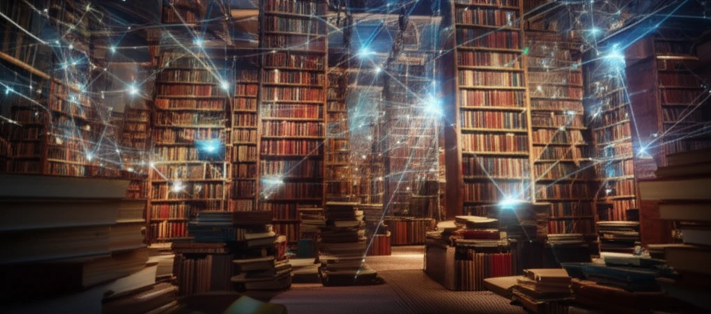 Interconnected data points in a library, symbolizing data discovery.