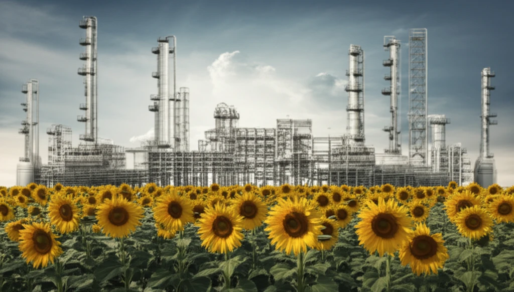 Chemical plant surrounded by sunflowers, symbolizing industry growth.