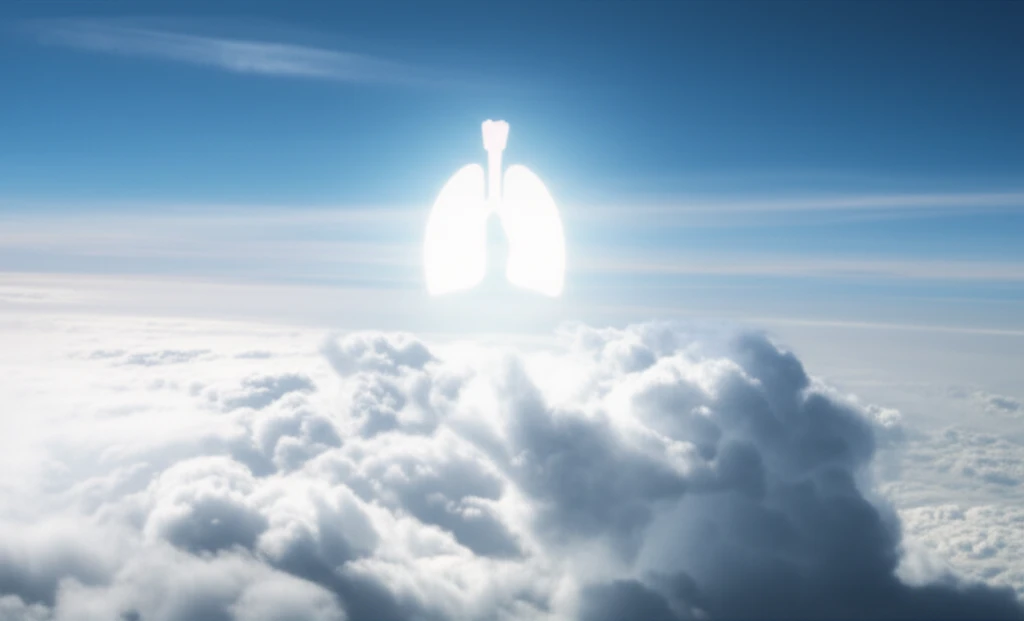 Person with healthy lungs soaring above clouds
