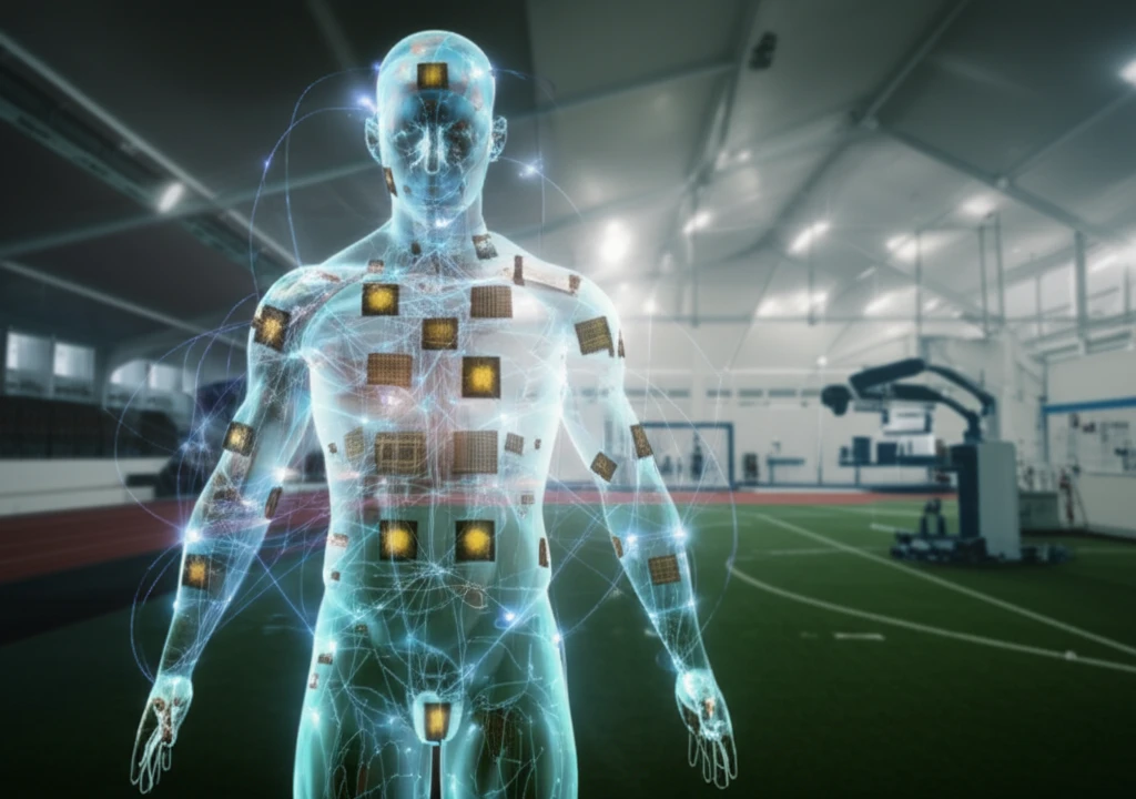 A digital illustration showing a human figure made of sensors, representing advanced movement analysis.