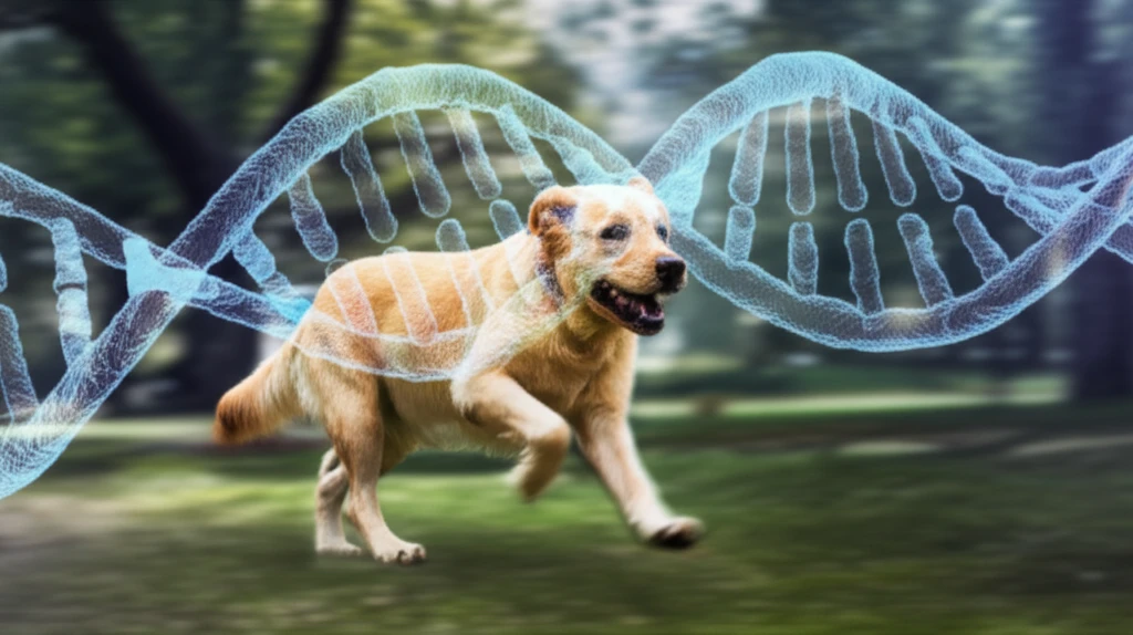 Labrador Retriever running with DNA helix overlay, symbolizing genetic factors in canine health.