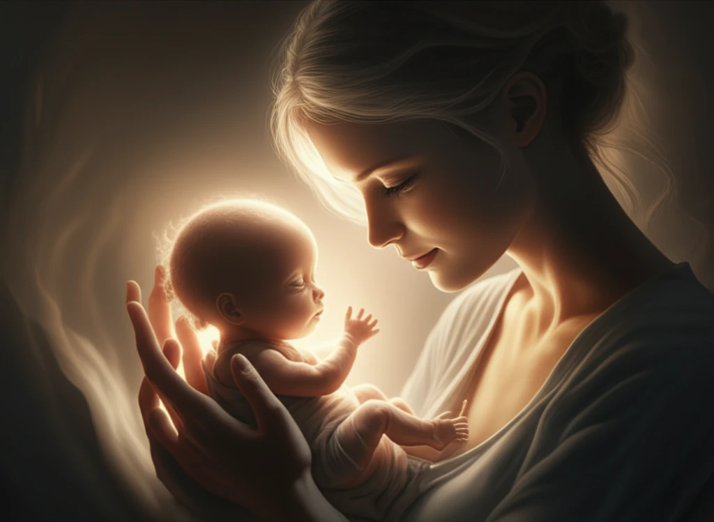 Mother cradling a premature baby with gentle light